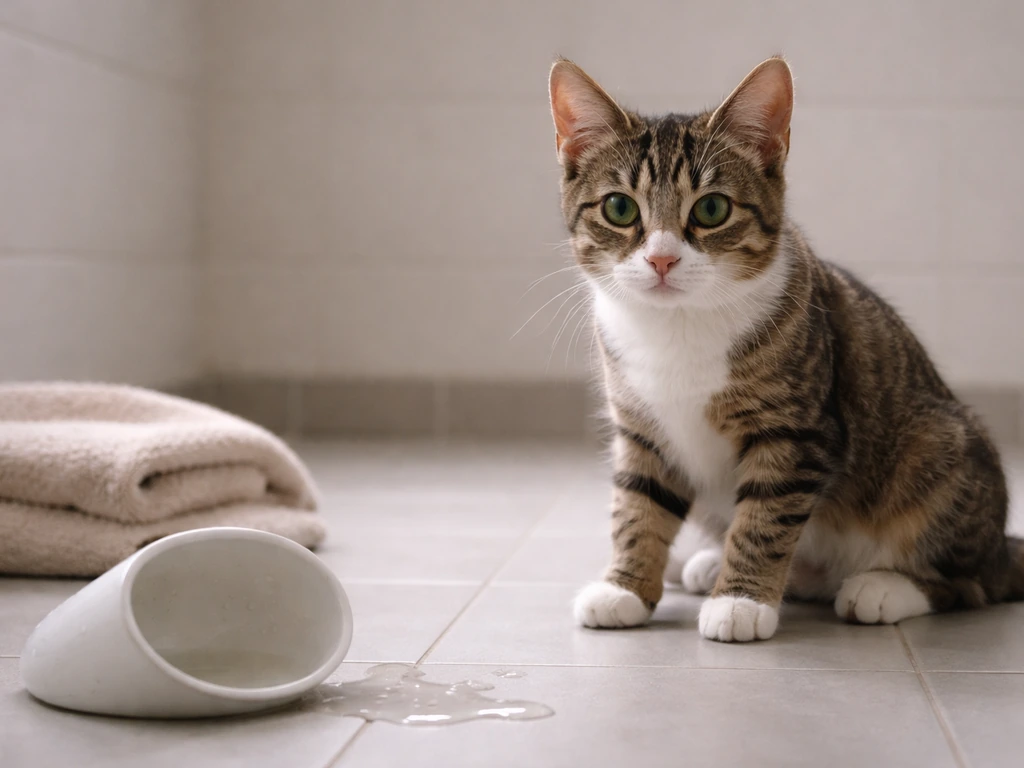 Lethargic domestic cat in a clean bathroom beside a tipped water bowl, suggesting early illness symptoms.