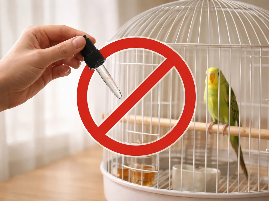 Close-up of a caregiver’s hand holding a medicine dropper beside a small pet bird’s cage, with a clear safety message.