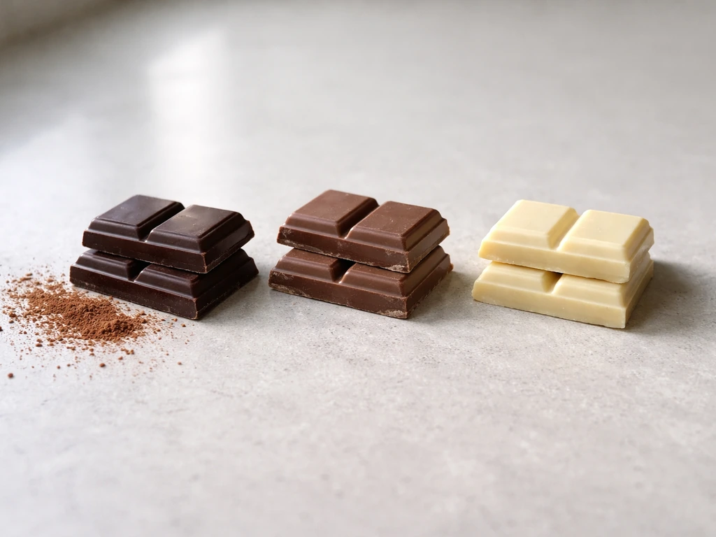 Three chocolate types—dark, milk, and white—with a small cocoa powder dusting on a plain countertop.