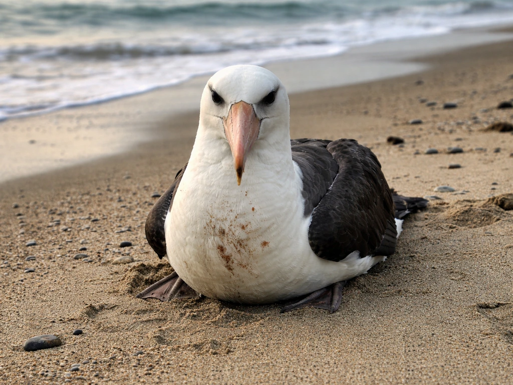 Dramatic photo of an albatross on a sandy beach after a crash landing, wings folded and vulnerable.