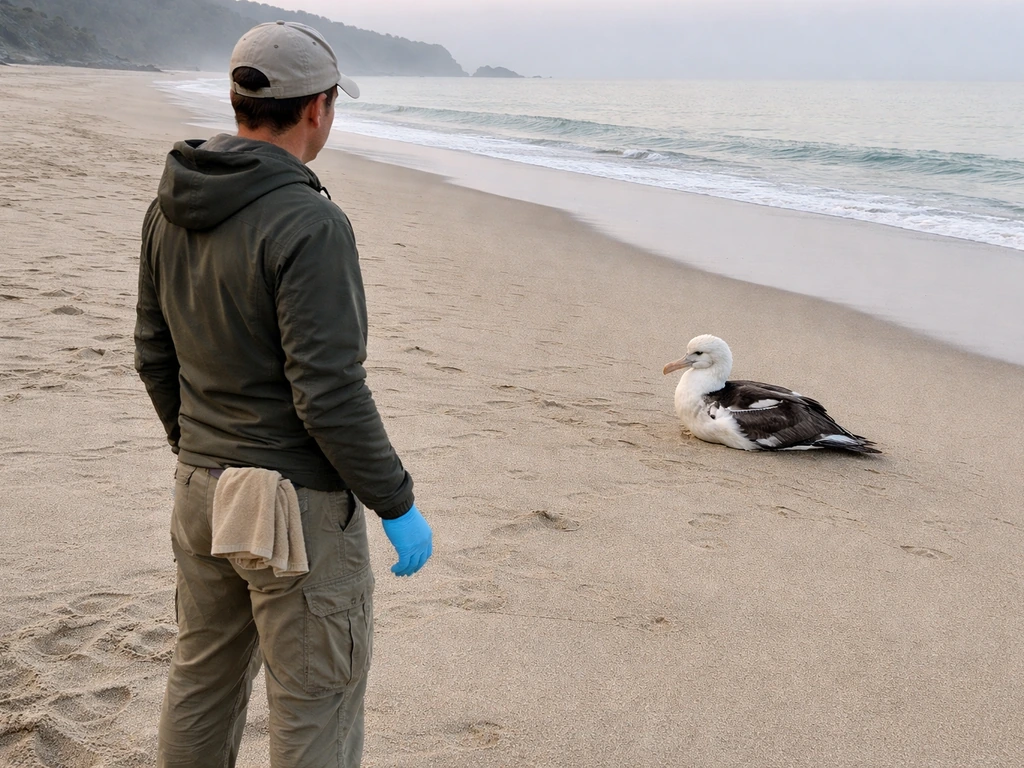 Rescuer stepping back to give an albatross several feet of space, reducing stress and handling