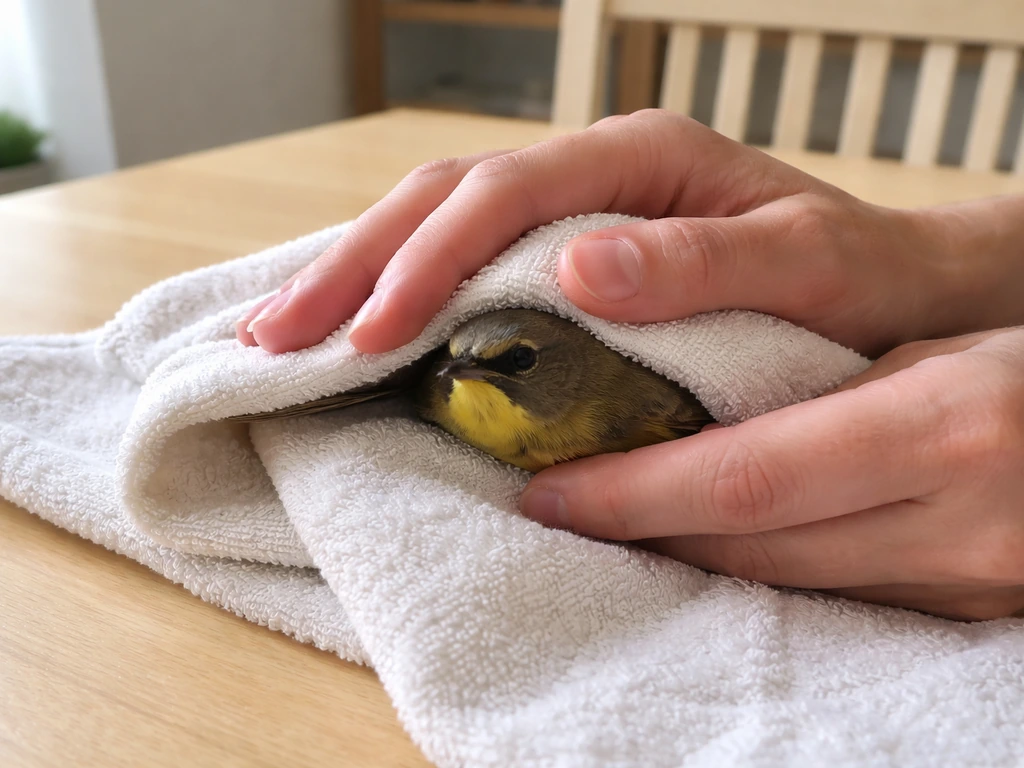 Hands gently restrain a small wild bird on a towel, with no food or water present.