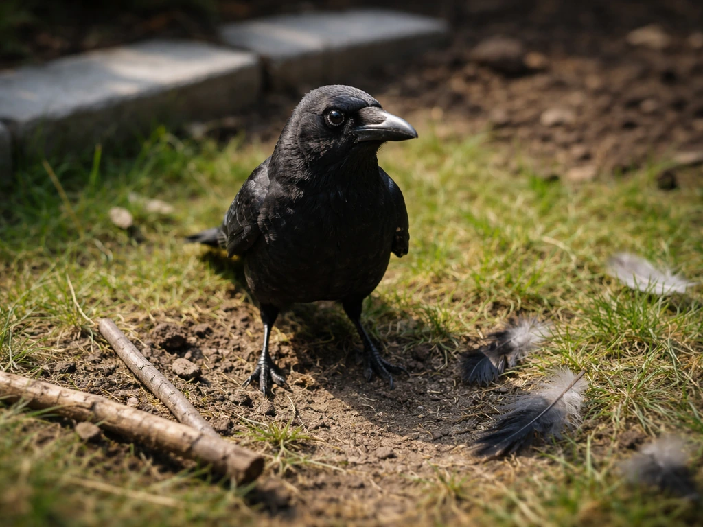 Miniature backyard survival scene with a focused crow and scattered feathers, suggesting safe interaction