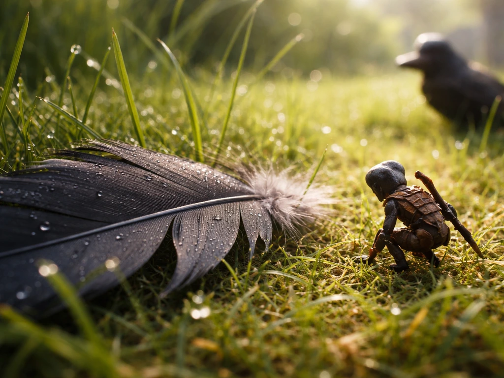 Ant-sized explorer near a crow feather on grass, suggesting collection not combat.