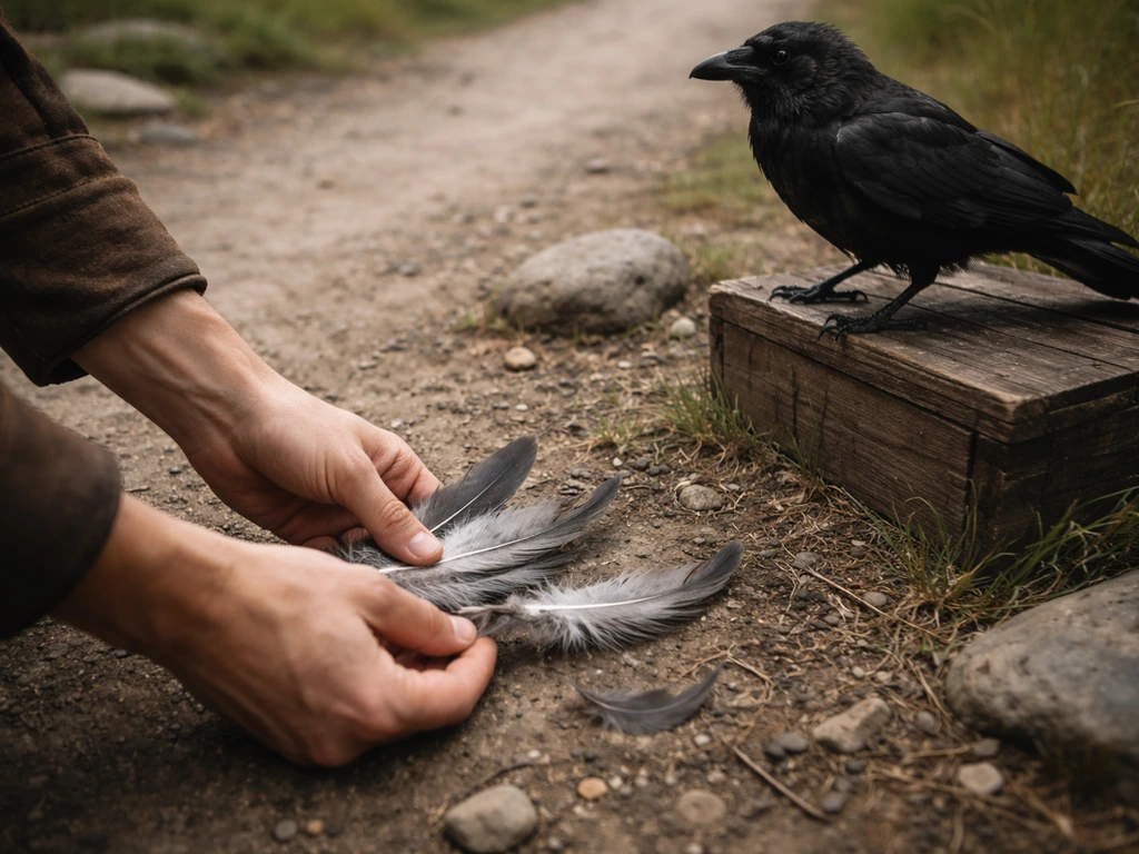 Close-up of a calm crow perched near scattered feathers on an empty path, suggesting safe loot collection