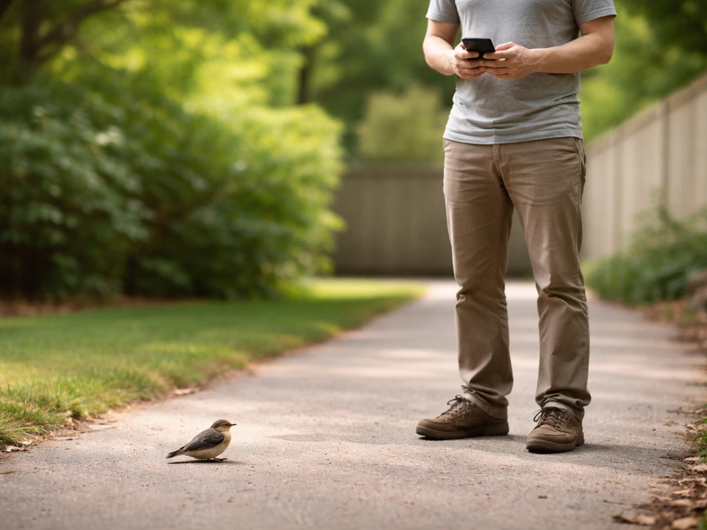 Person keeps distance from a small wild bird and calls wildlife help by phone.