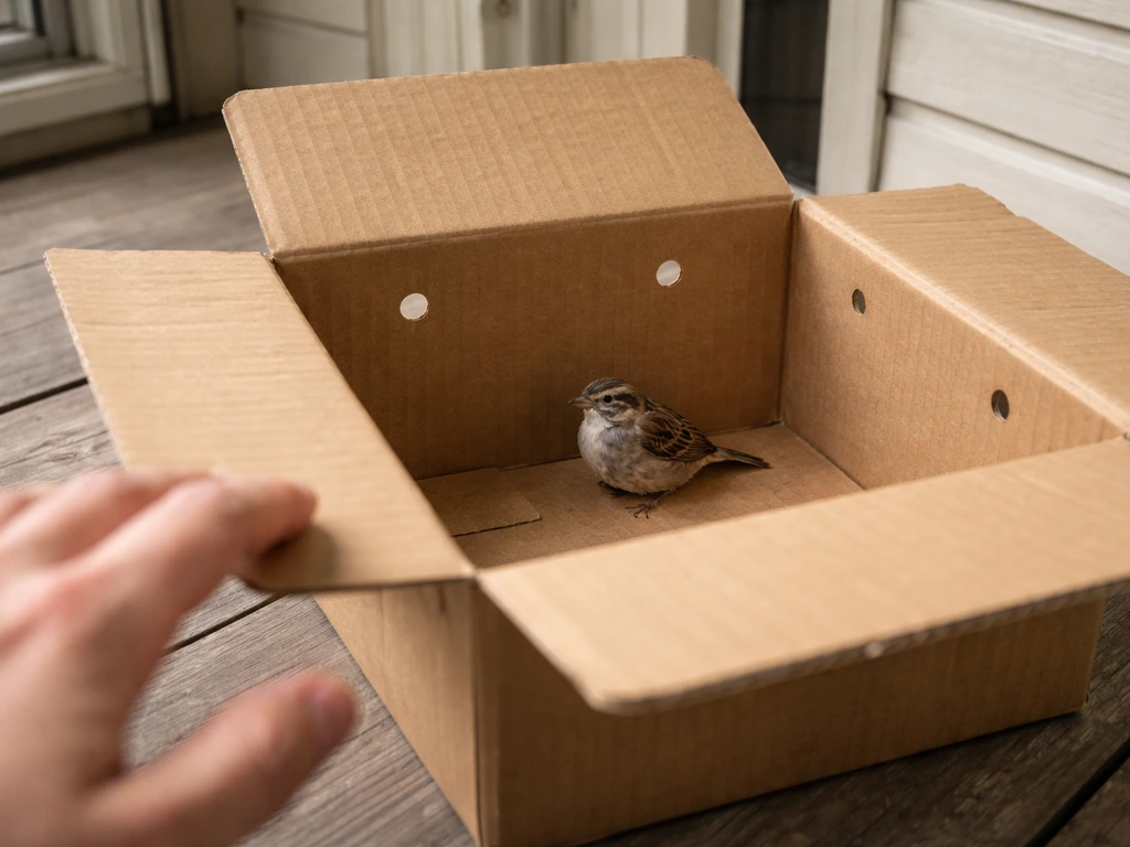 Small wild bird resting quietly in a dim box while an adult keeps distance nearby on a porch.