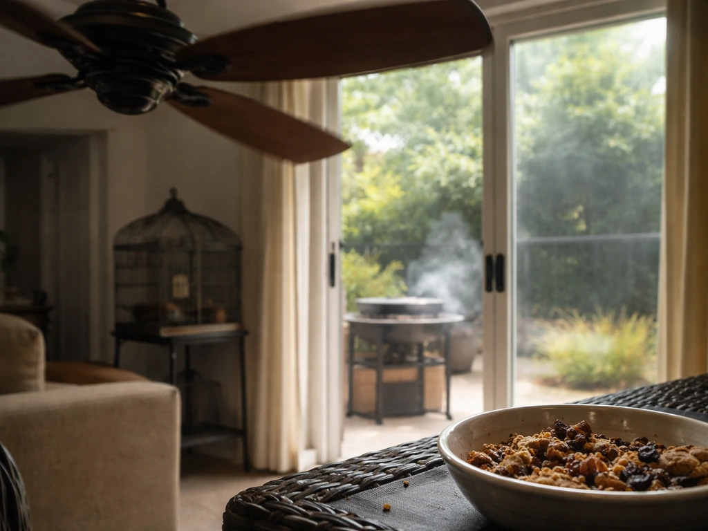 Photo-real composite of a running ceiling fan, window glass, and unsafe food near a small bird cage.