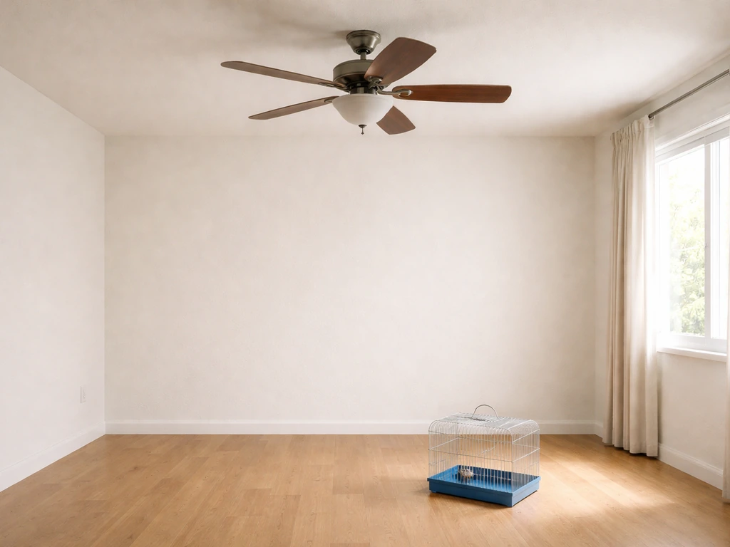 View of a home ceiling fan with a birdcage placed safely away, illustrating indoor bird hazards