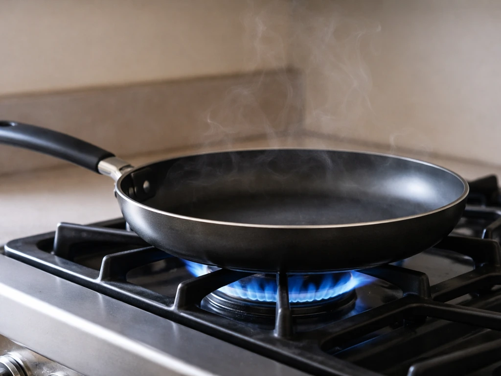 Nonstick cookware on a stove with faint steam suggesting airborne fumes risk to birds.