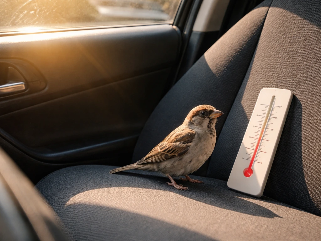A small bird near a sunny car-side window with a warm temperature cue beside it, showing heat stress risk