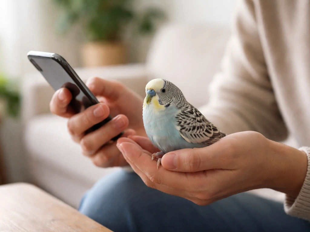 Caregiver cradles a small pet bird while checking breathing and posture, phone ready for urgent vet care.