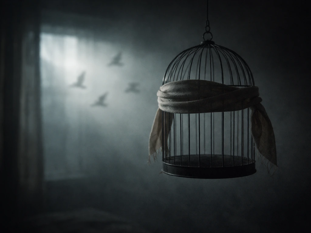 Moody birdcage and blindfold-like cloth motif with a faint, hazy bird silhouette in the background.