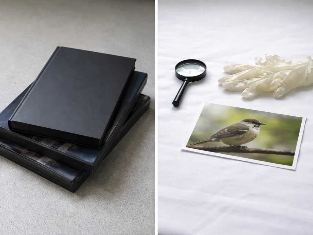 Split scene: fictional thriller book on the left and a generic bird health concept with no labels on the right.