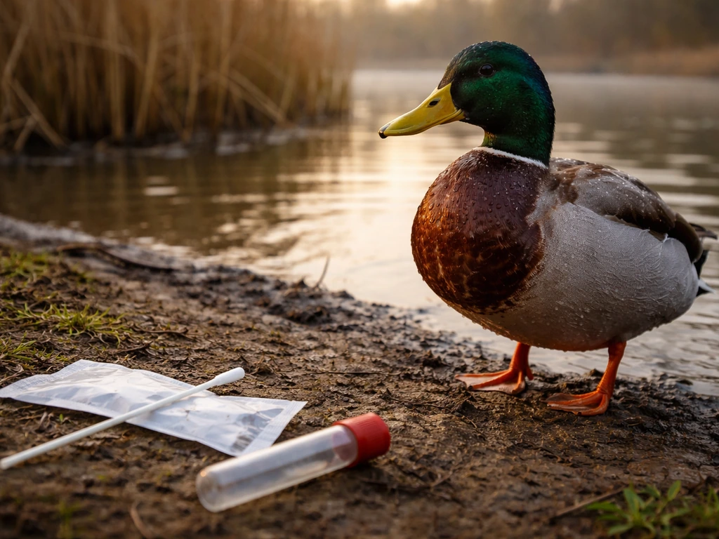 Wild duck on a pond edge with a sterile swab and unlabeled specimen tube nearby.