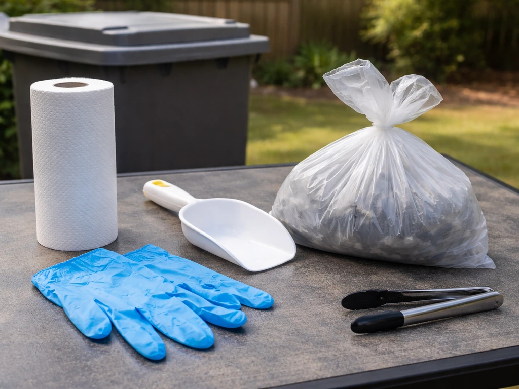 Disposable gloves, a sealed bag, and tools beside a trash bin after finding a sick or dead bird