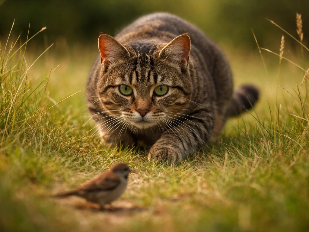 Close-up of a tabby cat stalking and crouching with a focused gaze in tall grass near a small bird