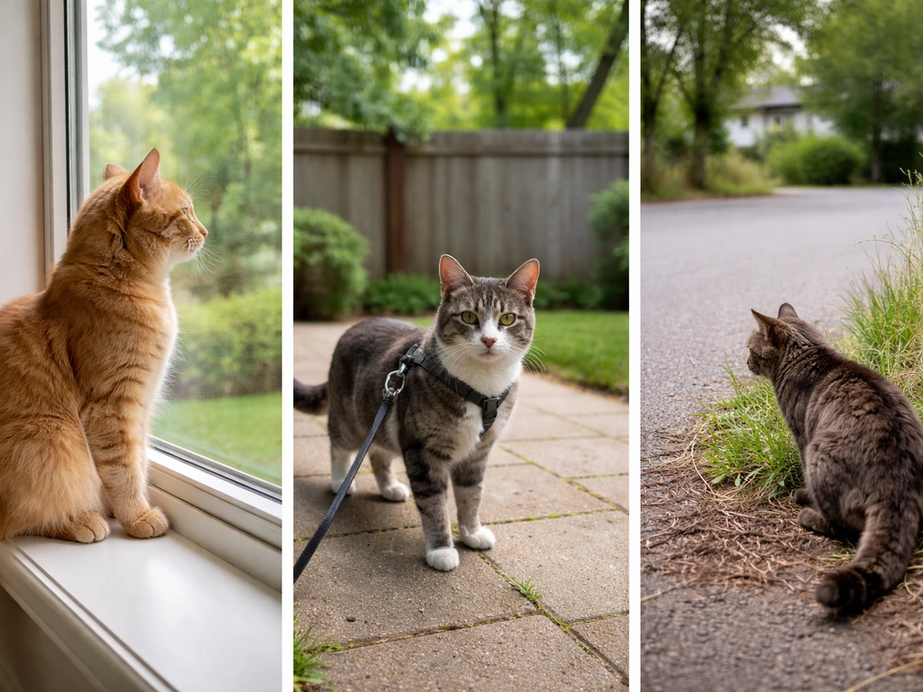 Three-panel comparison: indoor cat at window, harnessed outdoor cat, and feral cat near a neighborhood edge.