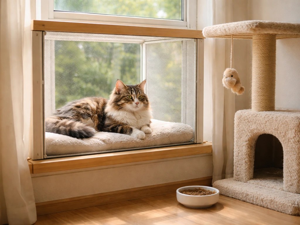 Fluffy cat relaxing on a safe window perch with a catio-style screen enclosure and minimal enrichment items.