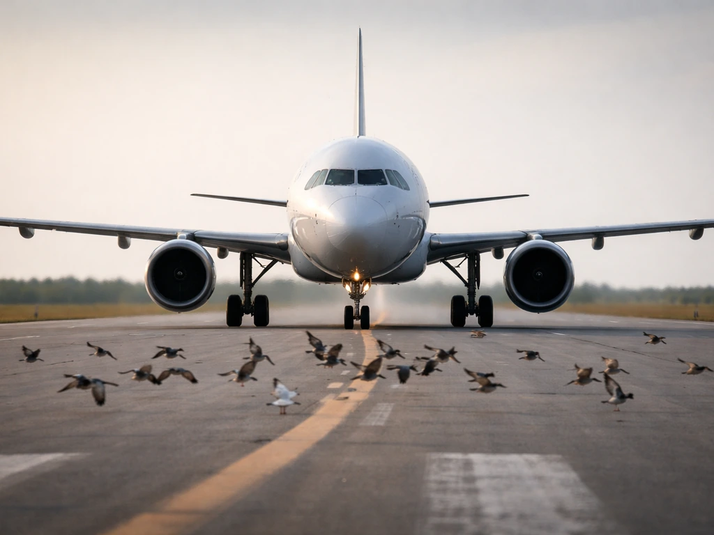 Commercial jet on runway with a few birds nearby, showing bird-risk management around the aircraft.