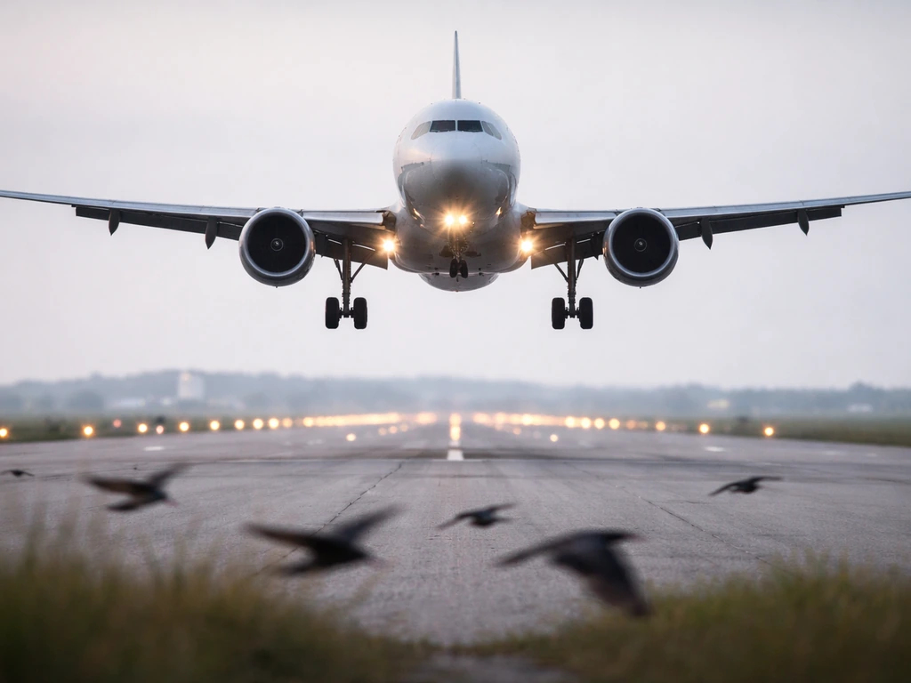 Low-flying birds near an approaching jet on a runway, suggesting bird-strike risk during takeoff/landing.