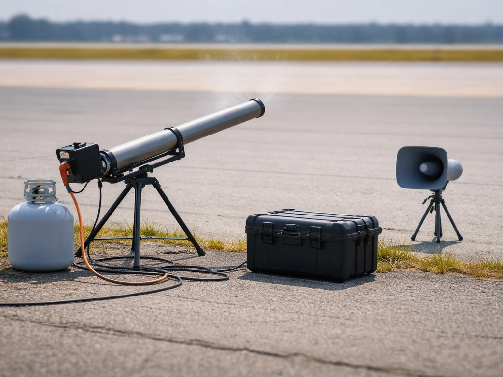 Close-up of airport bird deterrence equipment on the tarmac, hoses and hazing devices visible.