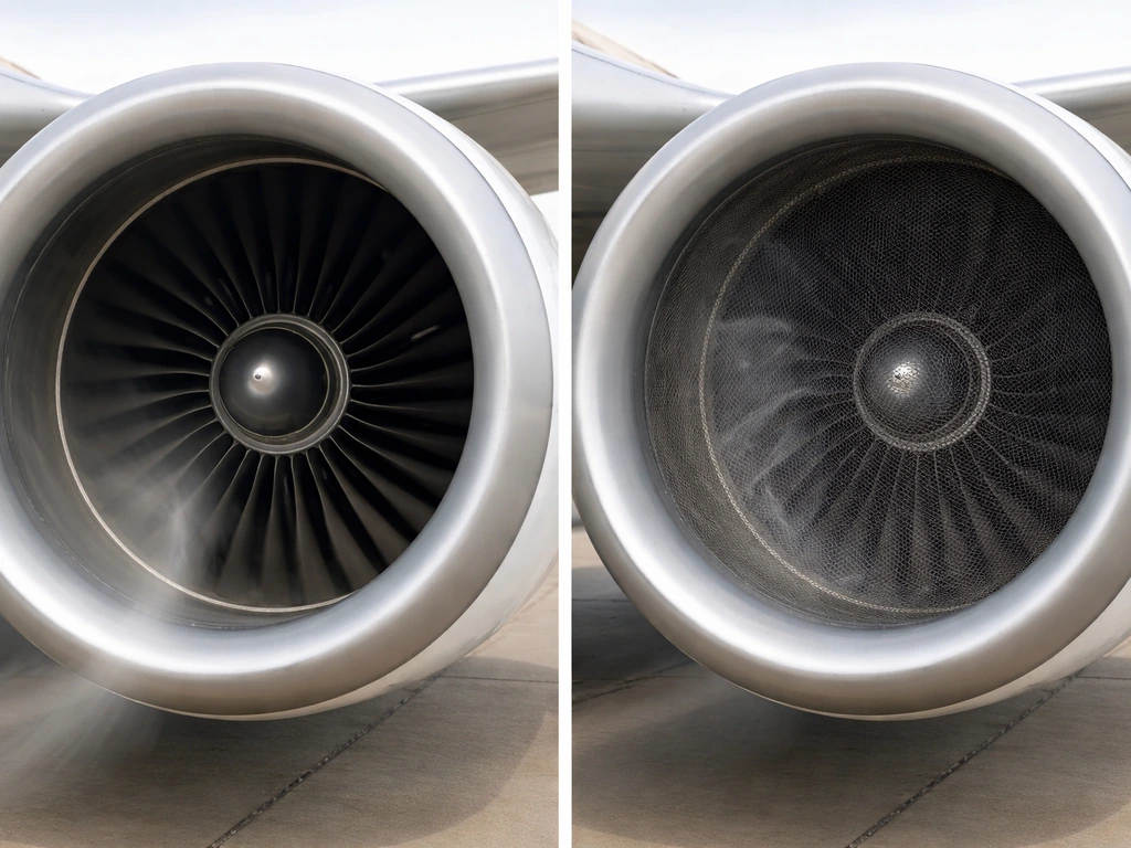 Side-by-side view of a jet engine inlet with clean airflow versus a protective screen causing disturbed airflow.