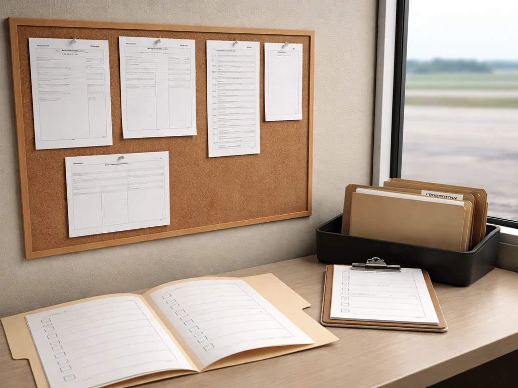 Airport operations office scene showing wildlife hazard documents and an incident checklist workflow.