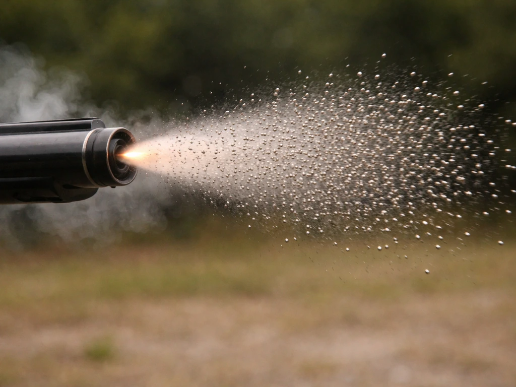 Shotgun muzzle firing birdshot; pellets expand outward in a tight cloud at short range.