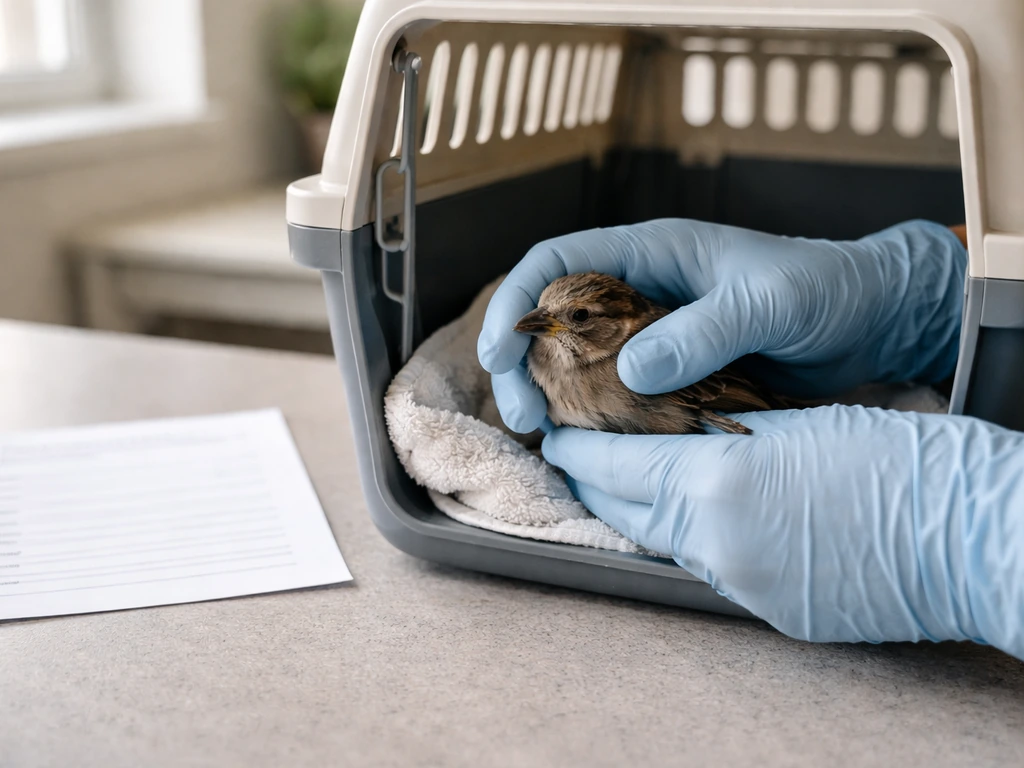 Gloved veterinarian hands holding an injured bird in a ventilated carrier beside a contact sheet
