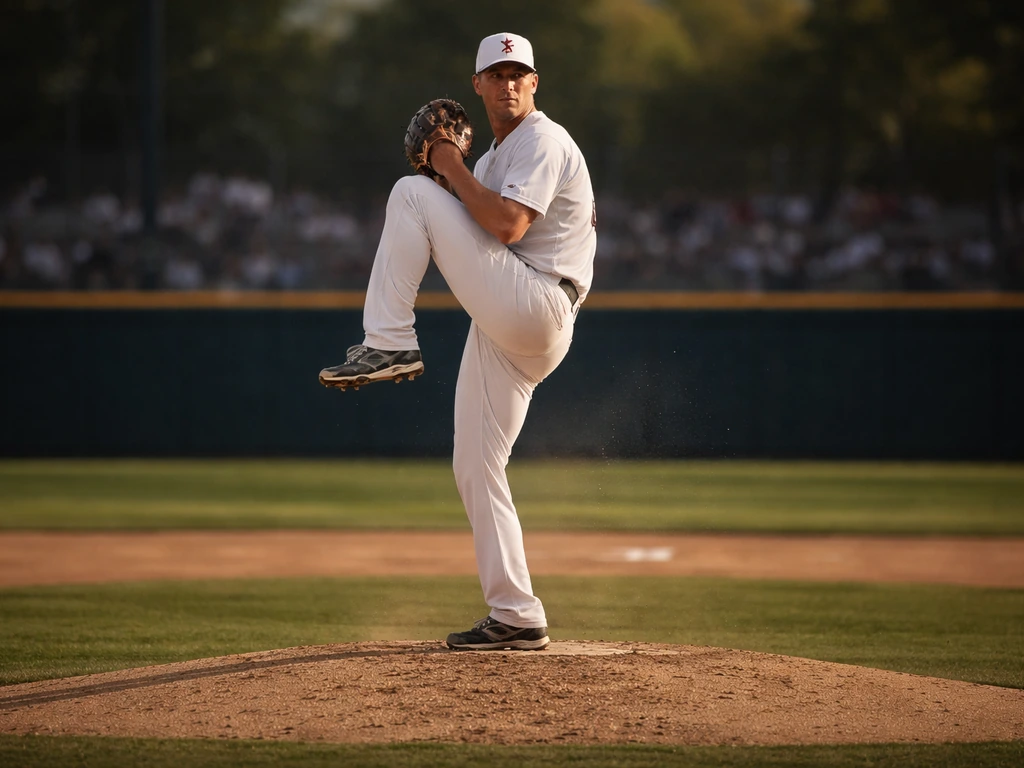 A baseball pitcher in a windup pose on a bright MLB field, with outfield wind blowing dust