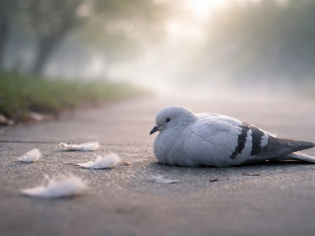 A dove lies on a sidewalk with a few feathers, suggesting a non-graphic impact aftermath