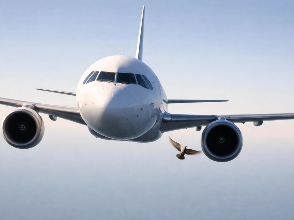 A commercial airplane in flight with a small bird near the front fuselage, suggesting a possible bird strike risk.