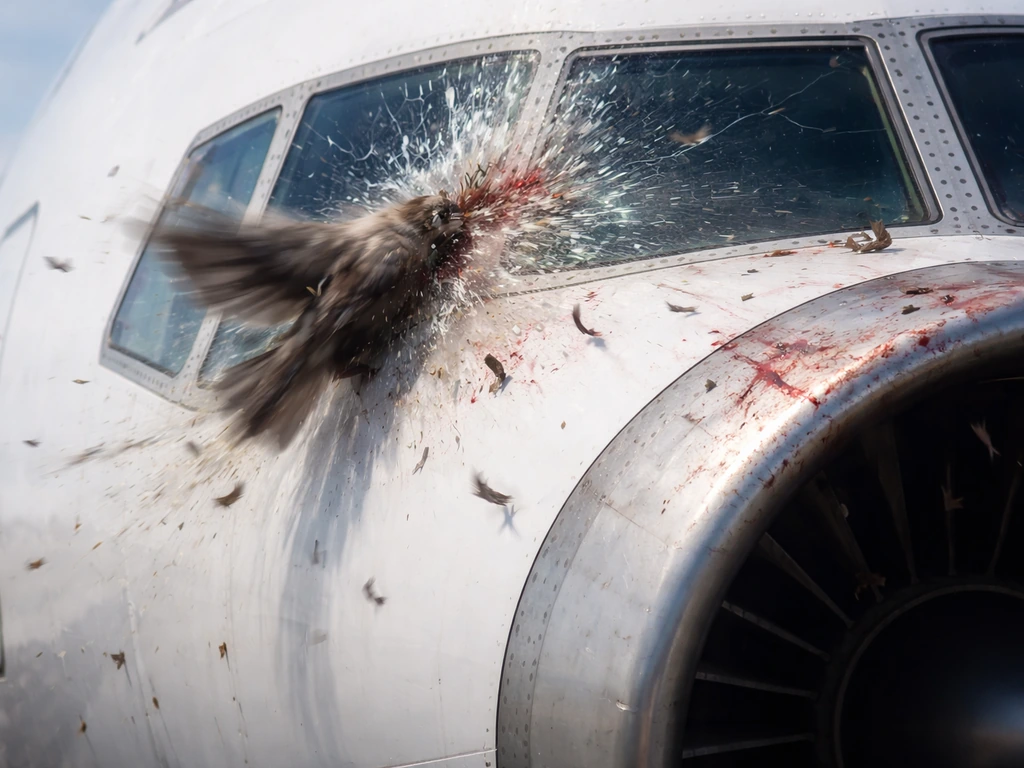 Close-up of a bird mid-impact hitting an airplane windshield and engine inlet, debris flying.