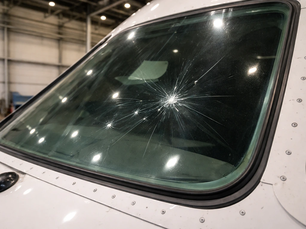 Close-up of an aircraft windshield with small bird-impact chips and a faint crack pattern