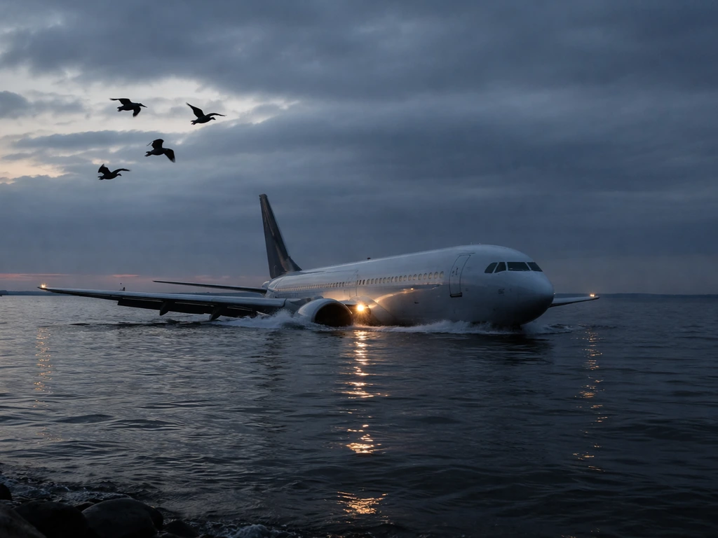 Emergency ditching scene with an airplane near water and birds above, photographed from the shore