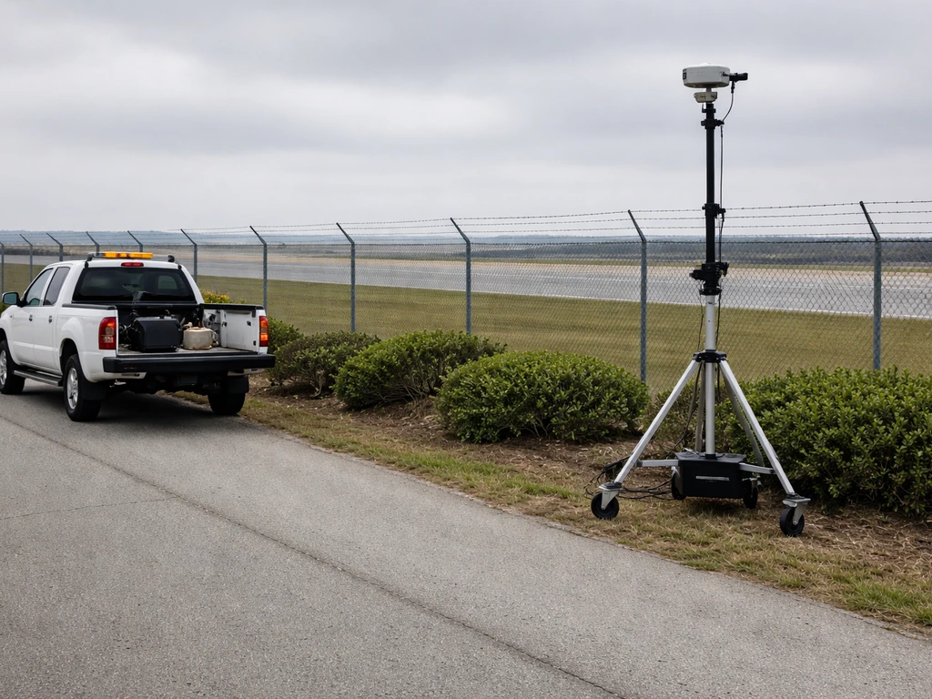 On-airport view of bird-detection equipment and trimmed habitat near the runway edge.