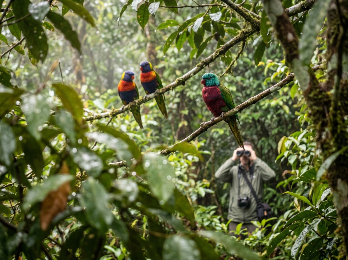 Illustration of New Guinea birds with toxic batrachotoxins concept, safe distance