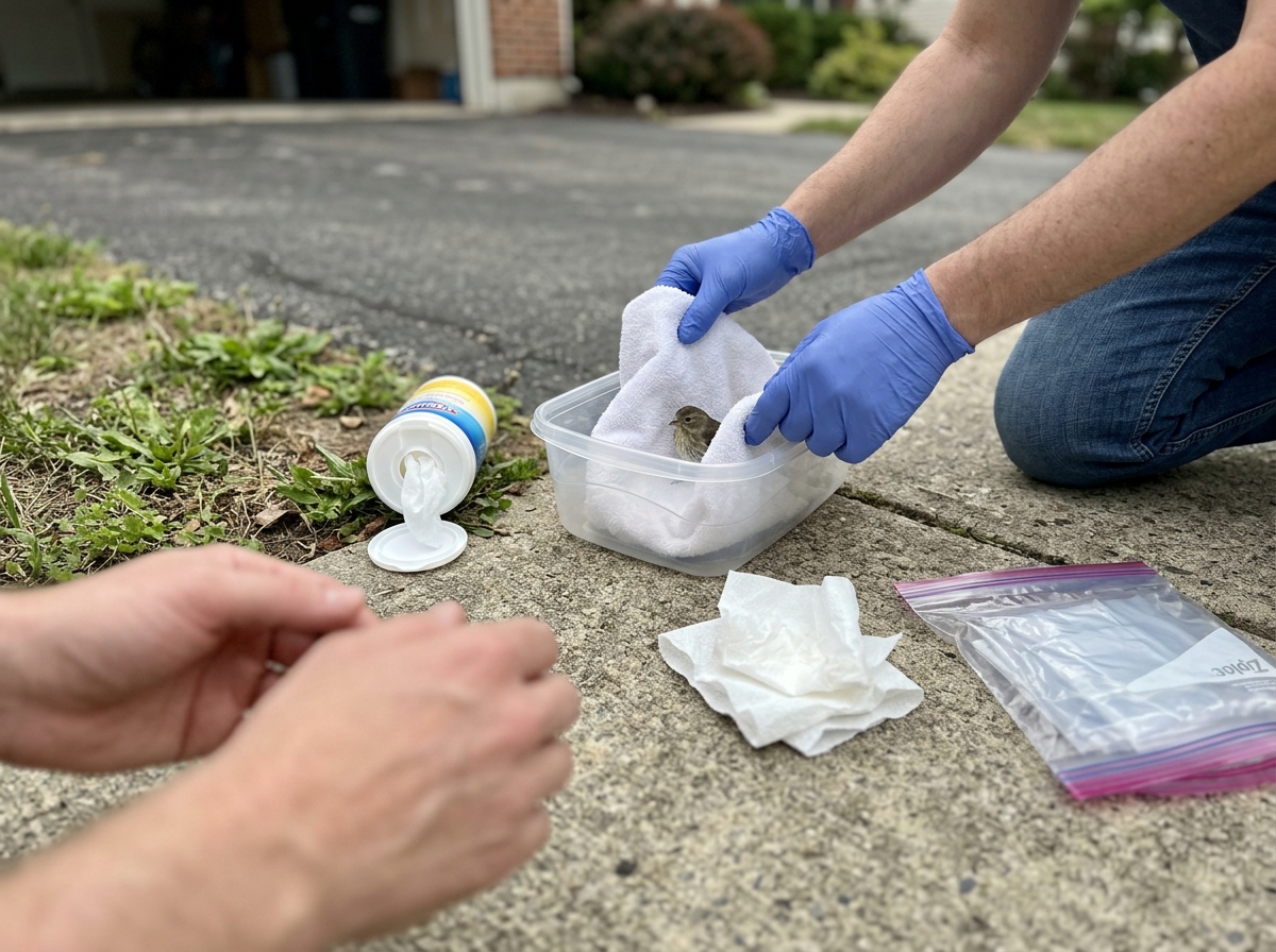 Closeup of bare-hand risk vs glove handling of a sick bird scenario