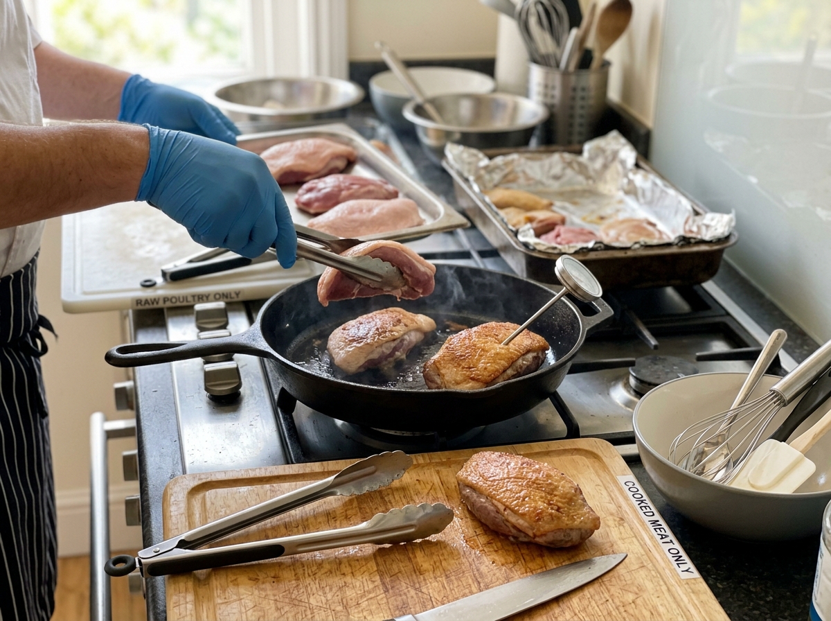 Chef preparing properly cooked bird meat in a kitchen