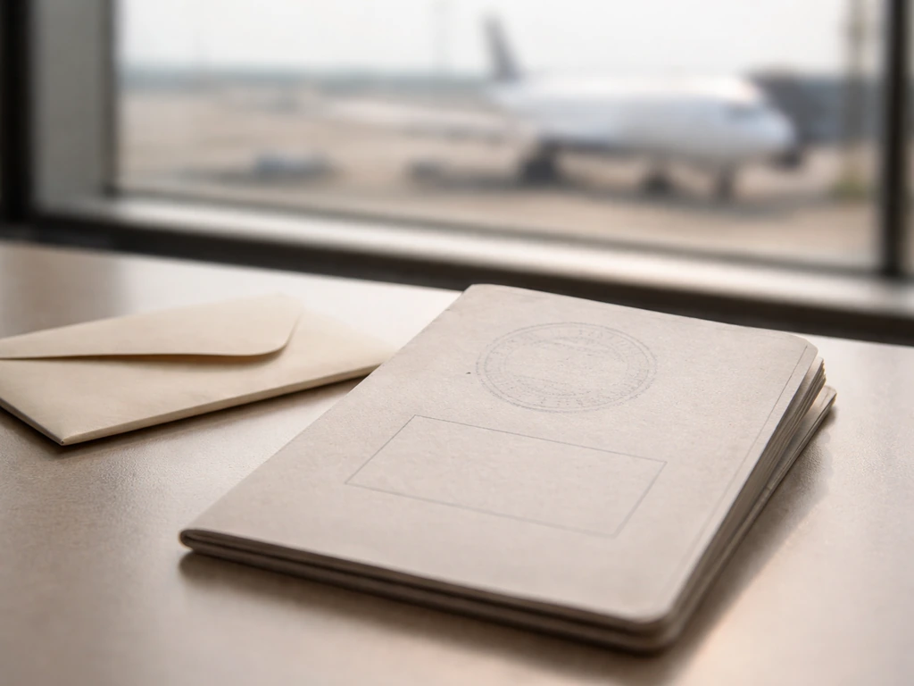 Document with stamp marks on a desk, blurred airplane outside, suggesting passenger-rights exceptions.