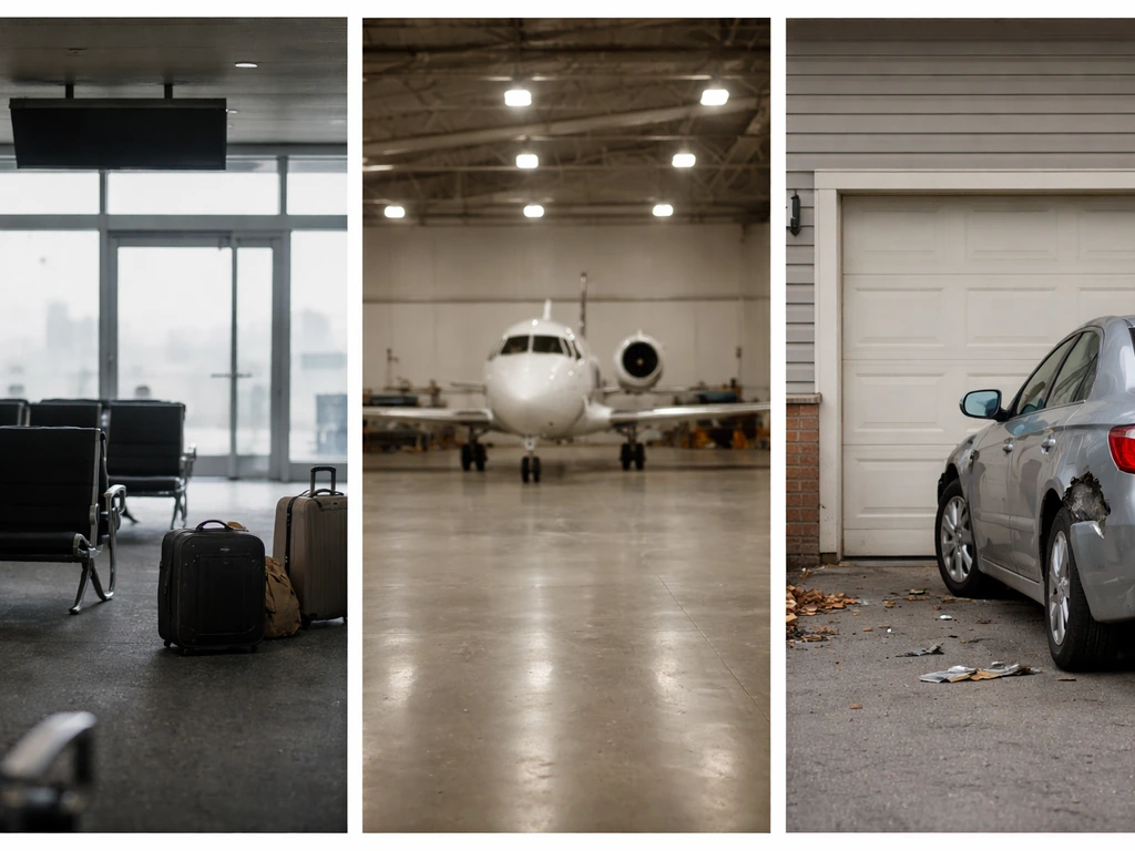 Three minimal side-by-side scenes: commercial flight gate delay mood, private jet hangar, and property damage aftermath.