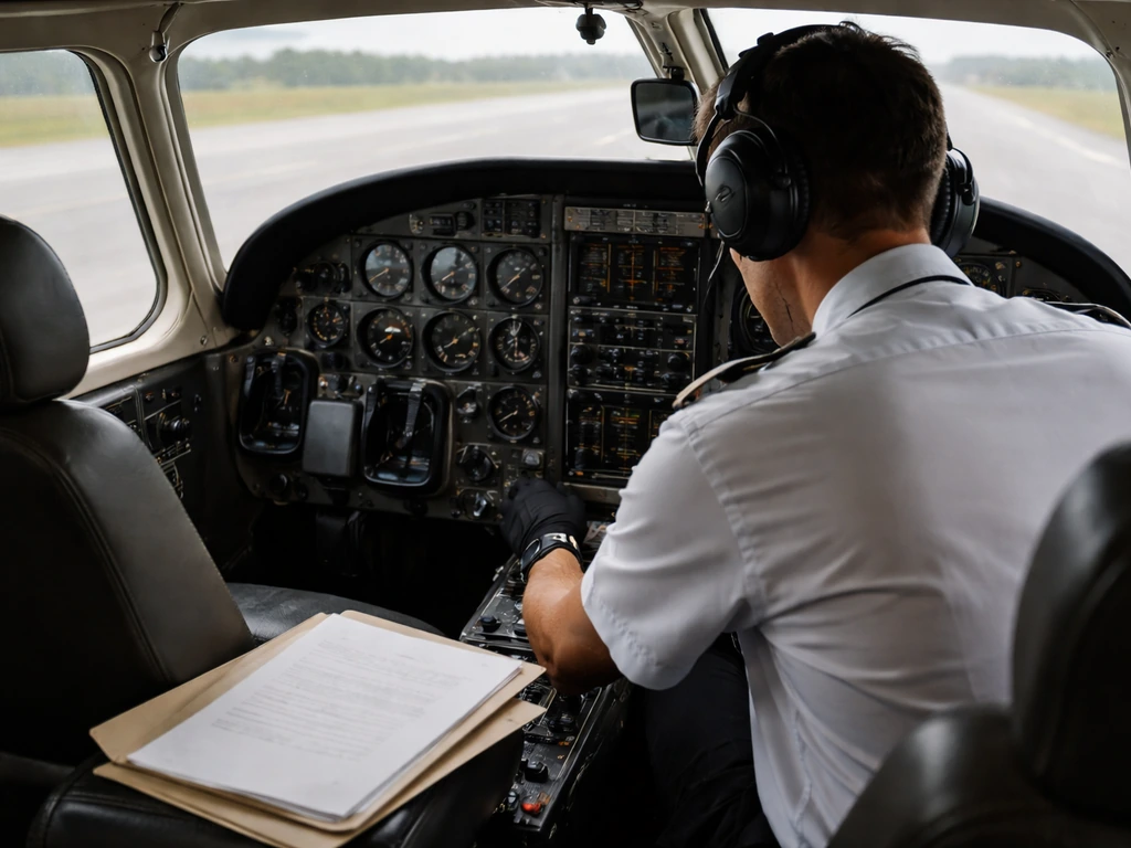 Anonymous pilot in aircraft cockpit monitoring engines after a bird strike, with paperwork ready for claims handoff.