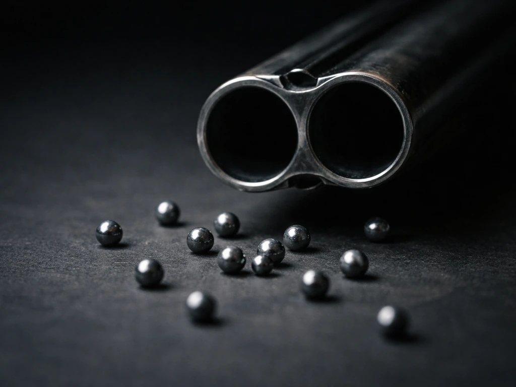 Close-up shotgun barrel with multiple birdshot pellets on a dark background, emphasizing lethal pellet impact risk.