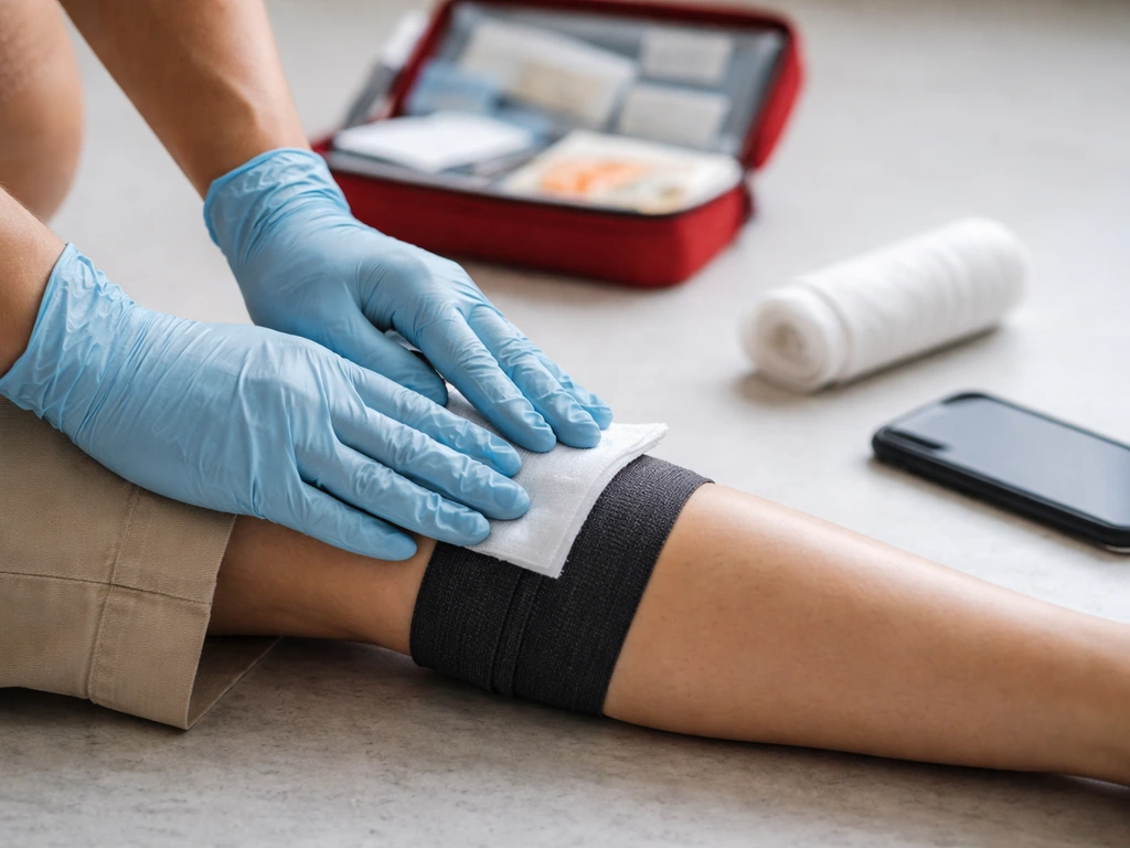 Gloved hands pressing gauze over a covered leg wound, smartphone nearby, minimalist first-aid setup.