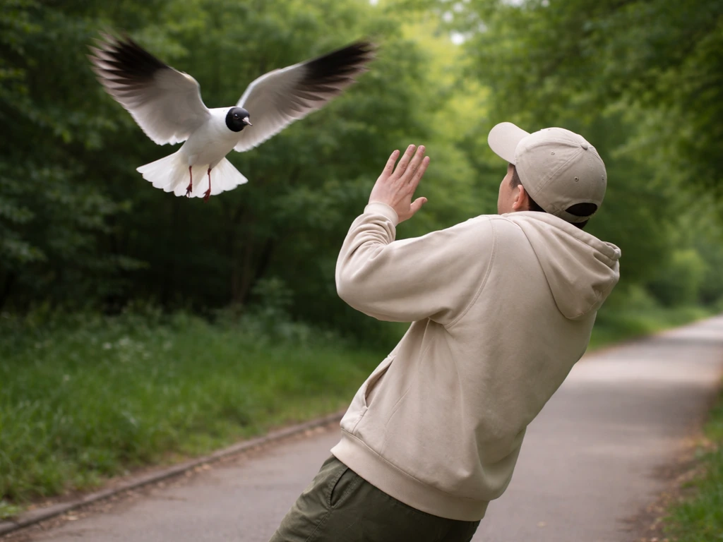 A small bird swoops close overhead as a person steps back outdoors, showing protective danger moment.