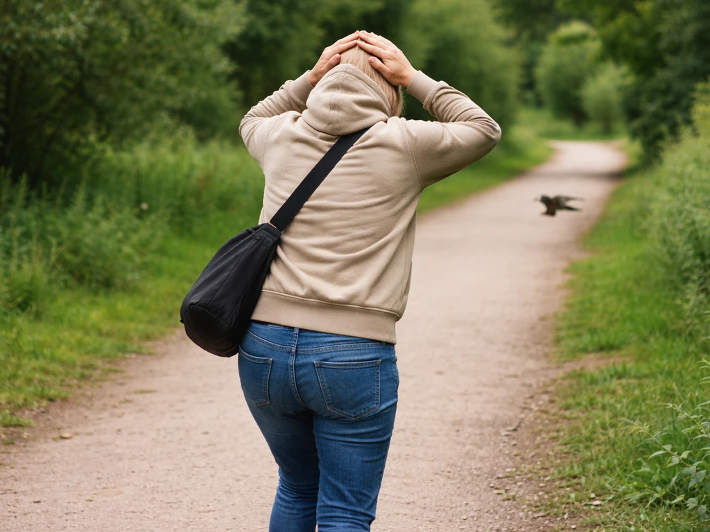 Anonymous adult moving away on a park path with hands raised to shield their head from a swooping bird.