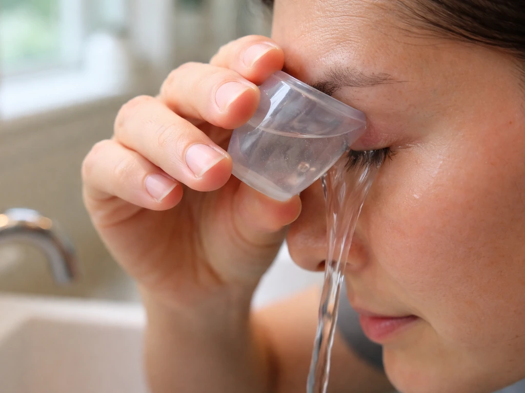 Anonymous person rinsing an eye with continuous clean water using an eye-wash cup.