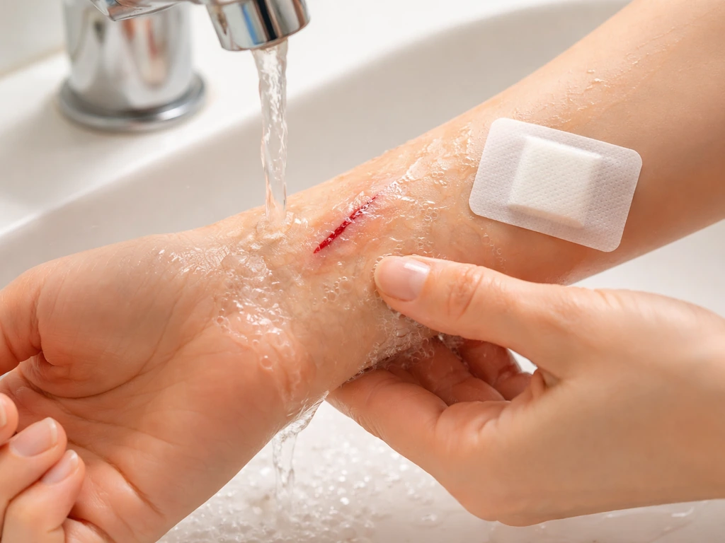 Hands cleaning a small scratch under running water and preparing a simple bandage.