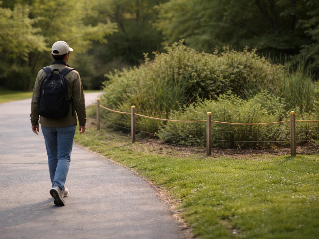 An adult walking a wide path around shrubs that indicate a nesting area during breeding season.